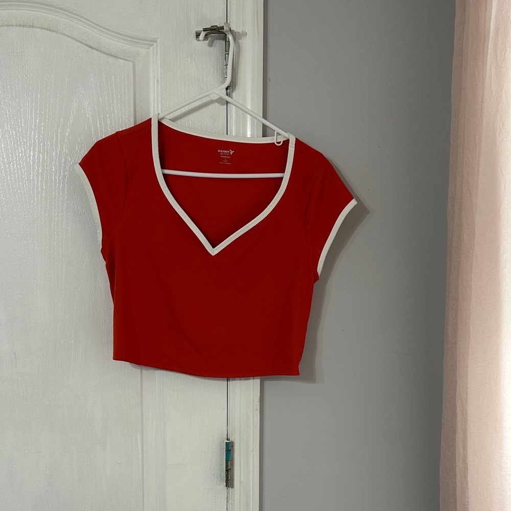 Old Navy Red V-Neck Crop Top with White Trim